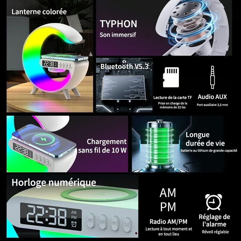 Haut-parleur Bluetooth multifonctionnel - Lumière d'ambiance colorée Chargement sans fil et horloge Machine tout-en-un