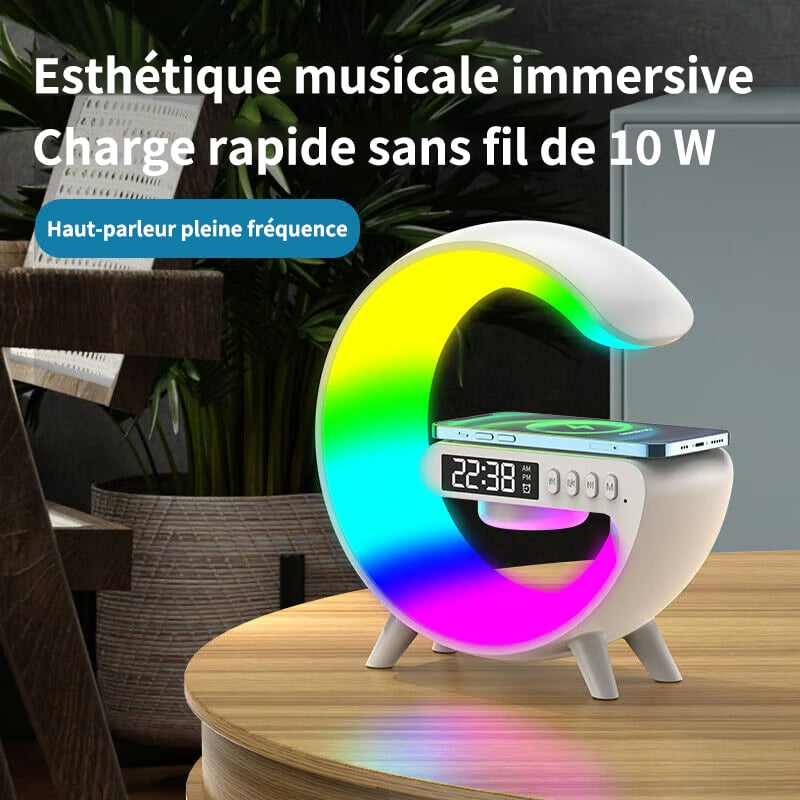 Haut-parleur Bluetooth multifonctionnel - Lumière d'ambiance colorée Chargement sans fil et horloge Machine tout-en-un