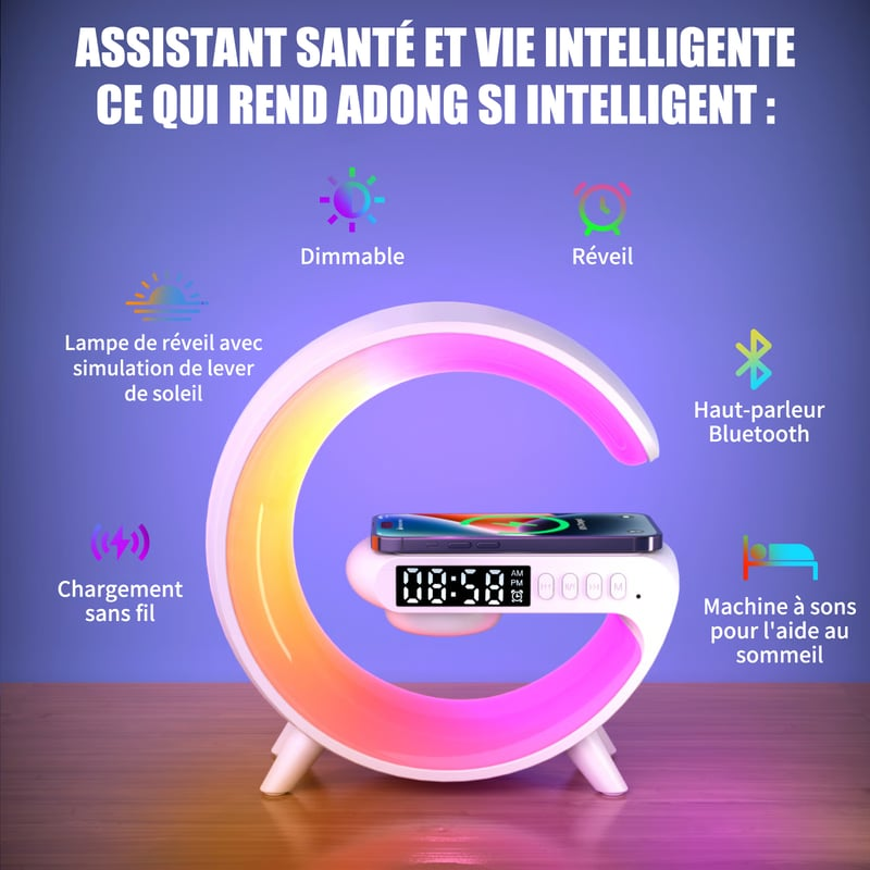 Haut-parleur Bluetooth multifonctionnel - Lumière d'ambiance colorée Chargement sans fil et horloge Machine tout-en-un