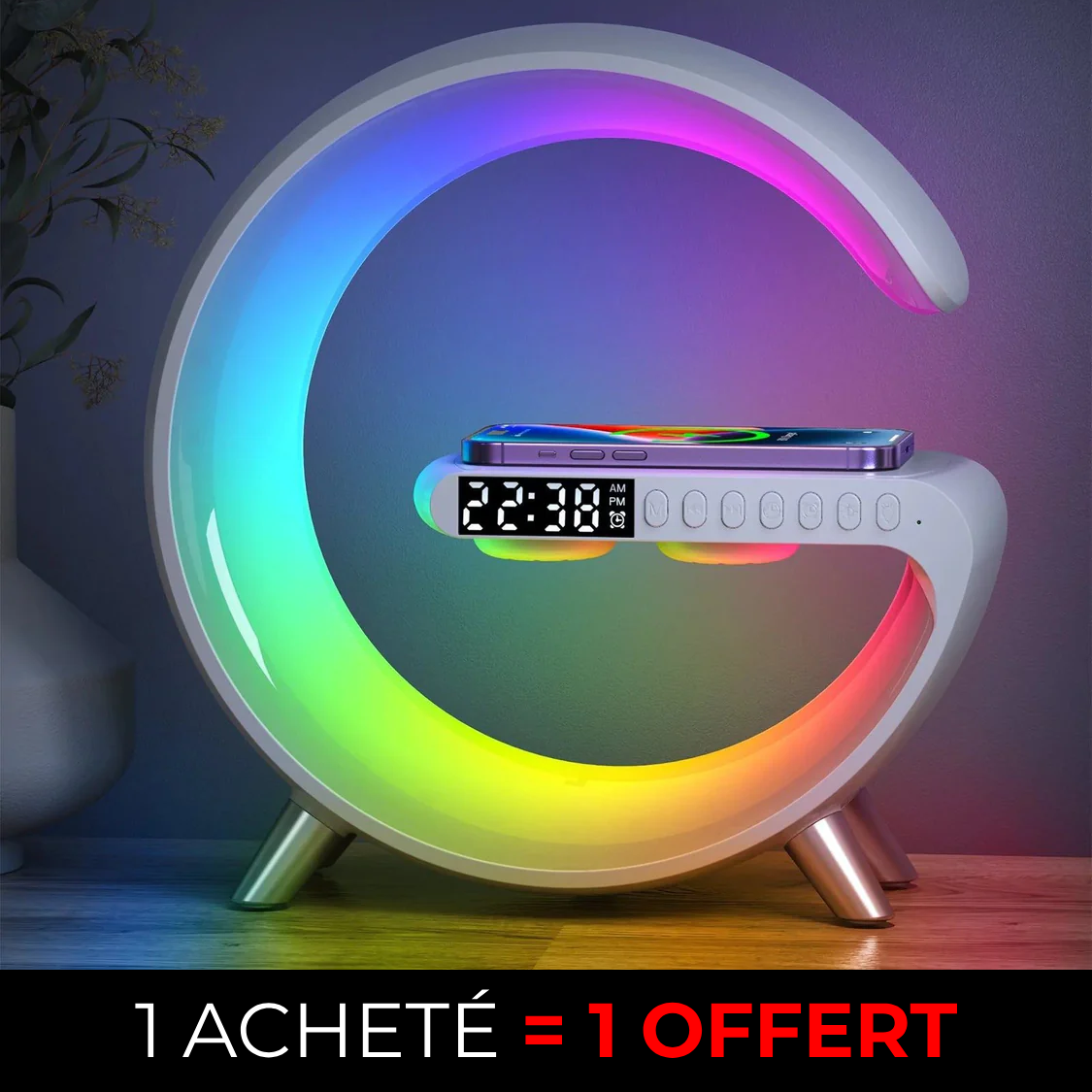 Haut-parleur Bluetooth multifonctionnel - Lumière d'ambiance colorée Chargement sans fil et horloge Machine tout-en-un